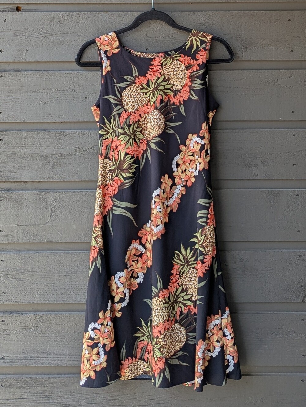 Hilo Hattie Black Floral Hawaiian Dress Pineapple Coral Blooms Small Made in USA